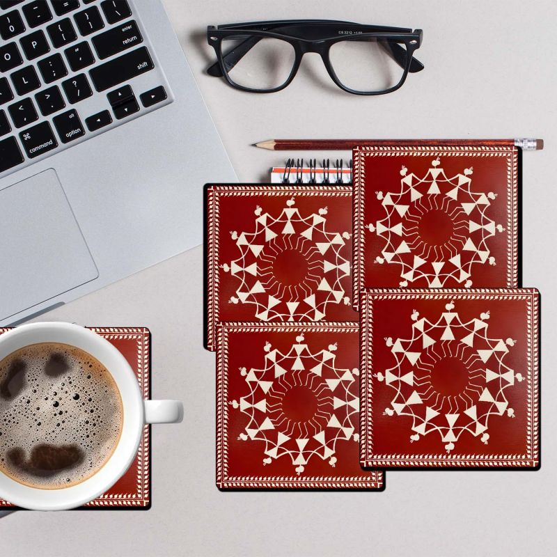 Warli Art Coaster for Table Decor | Coaster Set fit for Tea Cups and Coffee Mugs Also chai Lover Gifts | Traditional Coasters Set of 4